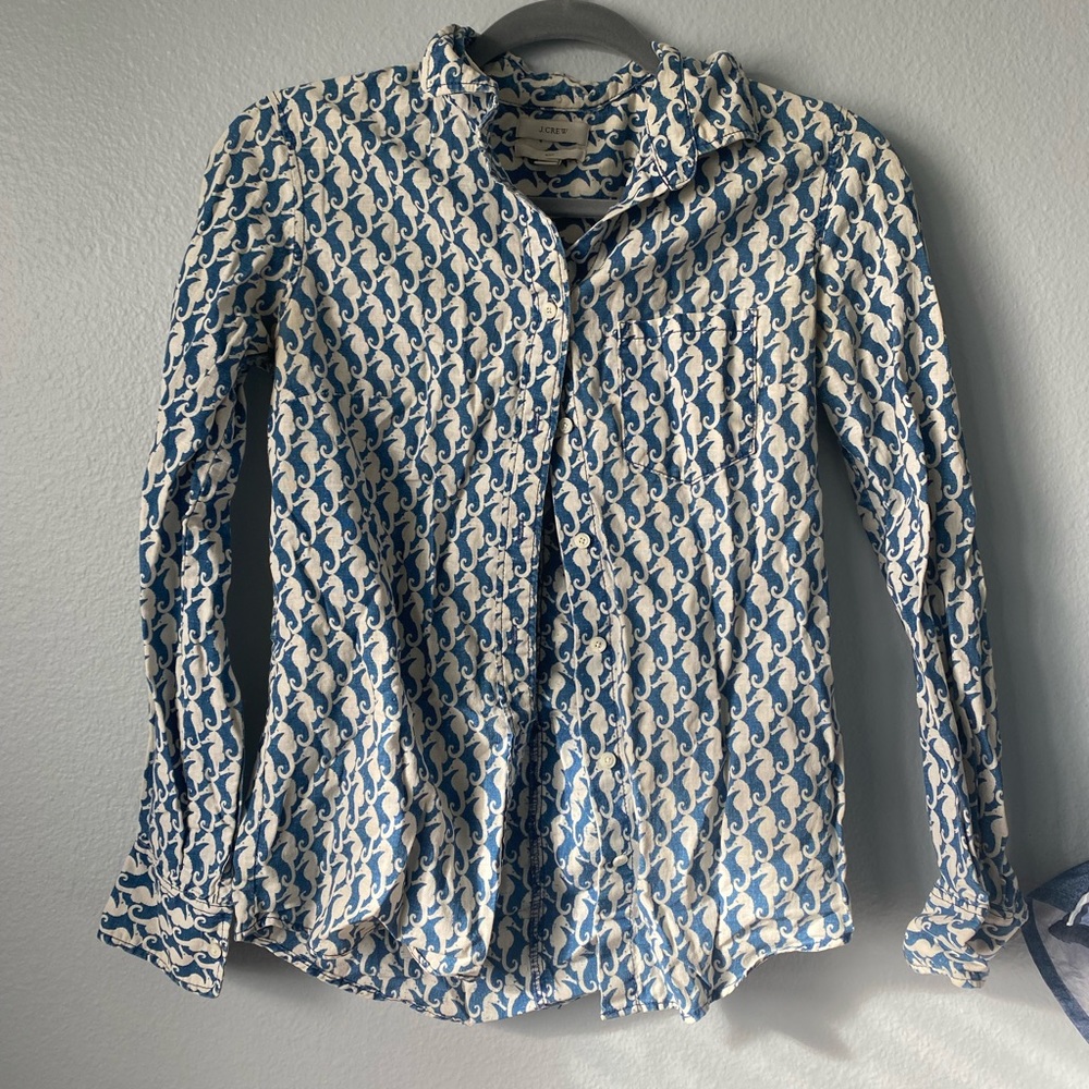 Seahorse print J Crew Butttondown